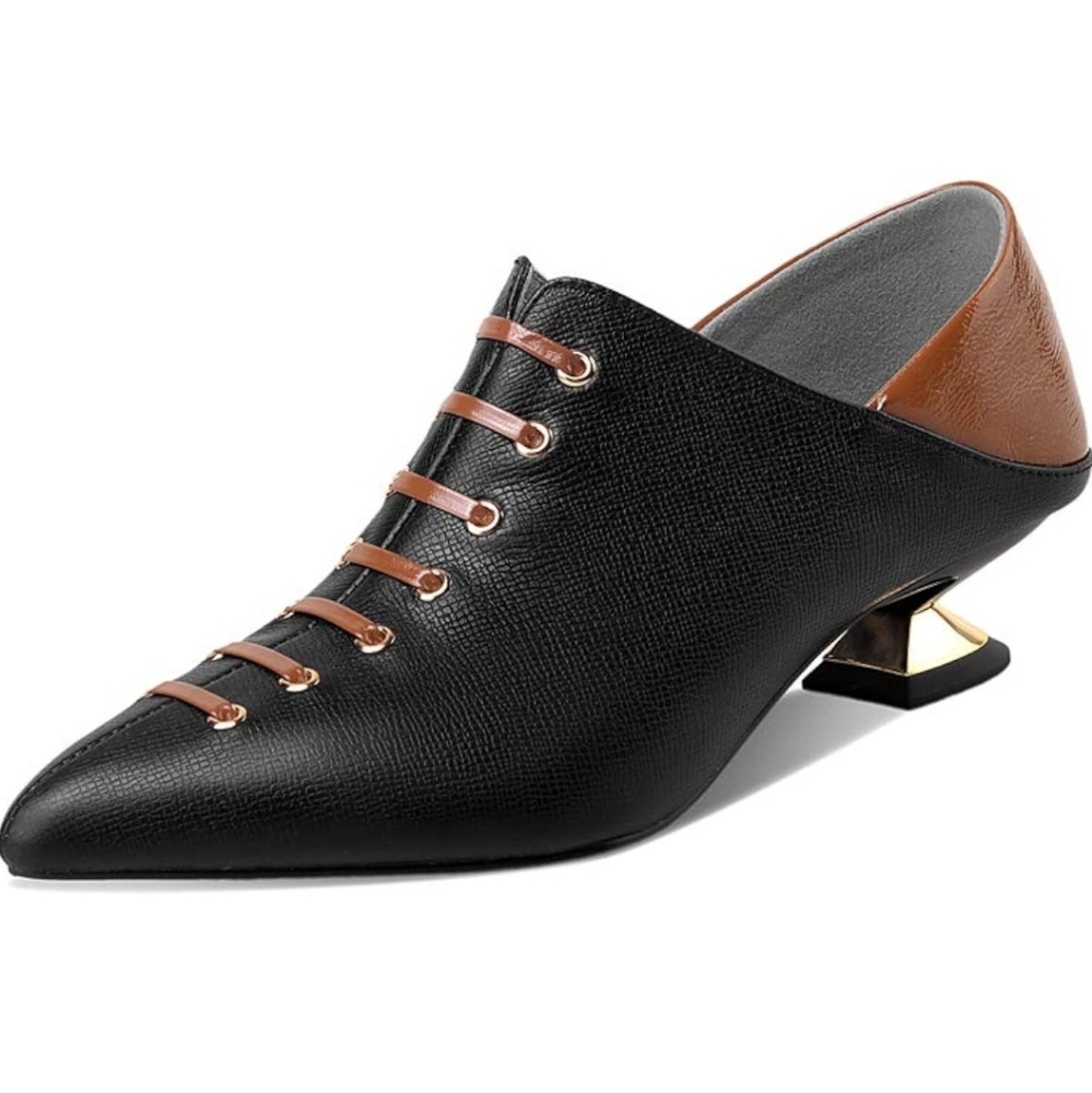 NWT Low Chunky Heel Pointed Toe Side Zip Shoe (Black/Brown) - TinaCus